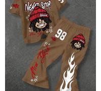 2-teiliges Set für Jungen: Lässiges T-Shirt mit Cartoon-Motiv, Stadtname NY, Flammen- und Sternenprint und Schlaghose. Geeignet für Frühling/Sommer, S