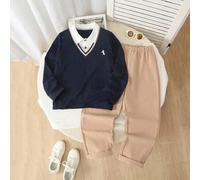 2-teiliges Set für Jungen: Strick-Poloshirt mit Langarm (2-in-1) - stilvolles Mode-Top kombiniert mit khakifarbener Lässig Hose, Gummibund und weiter