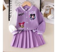 2-teiliges Set für Kleine Mädchen, lila Cartoon-Wärmedruck, Langarm-Patchwork-Strickjacke mit Stehkragen und Faltenrock, Academy-Stil, Kinder Herbst/W