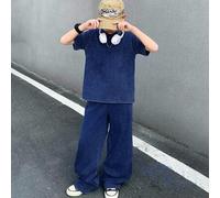 2-teiliges Set für Tween-Jungen: Bequemes, weiches Strick-T-Shirt mit Rundhalsausschnitt in Blau-Denim-Optik und weite, bequeme Jeans aus weichem Mate