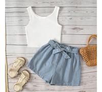2-teiliges Set für Tween-Mädchen mit weißem geripptem Rundhals-Tanktop und Schnür-Denim-Shorts