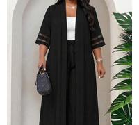 2-teiliges Set in Große Größen mit Mesh-Patchwork-Cardigan und strukturierter Hose mit Kordelzug-Bund, Schwarz, elegant-lässig, für Abend, formelle An