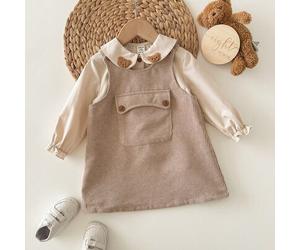 2-teiliges süßes Baby Mädchen Lässig Sport College Stil mit Patchwork Dekorationen, Baby Kragen Hemd und Anti-Rutsch Cord Material Trägerkleid, geeign