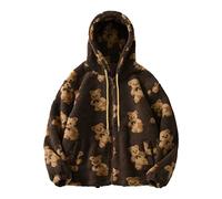 2022 Winterjacke Damen Langarm Tops Übergroße Sherpa Jacke für Damen Fuzzy Fleece Mantel mit niedlichem Teddybär Print Warme Bluse Reißverschluss Langarm Kapuze Fleecejacke Outwear Plüschjacke