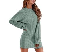 2023 Herbst Winter Strickkleid Damen Kurz Ripptes Locker A Linie Pullikleider Pulloverkleid Feinstrickkleid (Green, M)