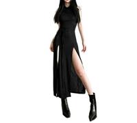 2023 Retro Dark Gothic Desert Walker Kapuzenkleider Y2k Punk Grunge Hollow Out Midikleid Damen Sexy Split Side Solid Streetwear-Schwarz-S