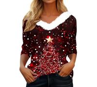 2024 Angebote Mode Lässiges Pullover Weihnachten Damen Druck Basic Tops, T-Shirts & Blusen Elegants Christmas Dress Women Party Glitzer Shirt Damen Festlich Dunkelrot XL