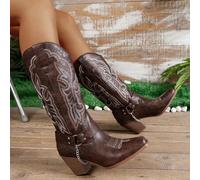 2024 Damen Neue Gestickte Western Stil Stiefel, Outdoor Lässig Modische Slip-On Schnallen Kette Knie-Hohe Stiefel für Frühling und Herbst, Cowboy Stie