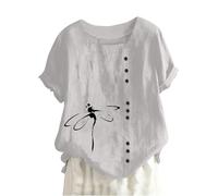 2024 Leinenbluse Damen Sommer Bluse Oversize Kurzarm Shirt Baumwolle Leinen Hemdbluse Elegant Übergröße Longbluse Festliche Oberteil Einfarbig Lose Leinenoberteile Damen-Kurzarmshirt