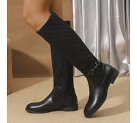 2024 Neue Herbst/Winter Outdoor Bequeme rutschfeste Damen Kniehohe Stiefel, Gestickte Metall Dekoration Schwarze Stiefel, Lässige vielseitige Seitlich