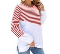 2024 Pullover Damen Sweatshirt Locker Gestreifter Langarmshirt Color Blocking Leicht Oberteile Tops für Herbst Winter (Rot-Weiß,XL)