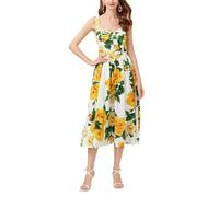 2024 Sommer Frauen Boho Blumendruck Cami Kleid Ärmellos Rückenfrei Hohe Taille A-Linie Fließend Große Schaukel Midi Strandkleid (Color : Yellow, Size : L)