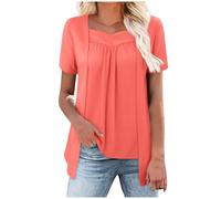 2025 Angebote Fake Zweiteiler Tshirt Damen Elegant Einfarbig Bluse Kurzärmelige Tunika mit V-Ausschnitt Sommer Falten Oberteile Lockeres bequemes T-Shirt Pullover Tops Leichtes Shirt