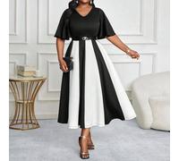 2025 Frühling und Sommer elegantes Pendler-Büro schwarz-weiß gestricktes V-Ausschnitt Volant-Ärmel Midi Kurzarm Kleid in Große Größen, Geburtstags- un