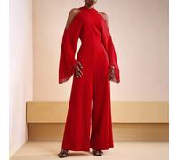 2025 Herbst und Winter Neu Eleganter Pendler einfarbiger Passform Leuchtend Rot Kreuzausschnitt & Quaste Langarm Damen Jumpsuit, geeignet für Partys u