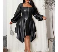 2025 Herbst/Winter Große Größen Damen Kleid, elegantes figurbetontes Midi-Kleid mit Peplum-Ärmeln aus schwarzem PU-Leder, geeignet für Country-Musik-K