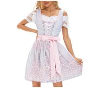 2025 Kleid Dirndl Damen Midi Oktoberfest mit Schürze und Bluse Fernblau geblümt Kleidung Dirndl Midi Trachtenkleid inkl. Trachtenrock Dirndlbluse Dirndlschürze Oktoberfest Trachtenkleid Trachtenmode