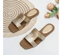 2025 Mode Damenschuhe mit flachem weichen Boden, lässiger quadratischer Zehenbereich im Strand-/Urlaubsstil, goldene Schlange/Tierdruck, Kontrastfarbe