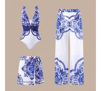 2025 Neue Damen 3 Teile Set Bedruckter Badeanzug mit Rock und Mesh Hose, Lässiger Strandurlaub Einteiler Badeanzug Set für den Sommer