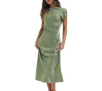 2025 Satin-Sommerkleider für Damen, Flügelärmel, Wasserfallrücken, Elegante gerüschte Taille, Hochzeitsgäste, Midikleid, Salbeigrün