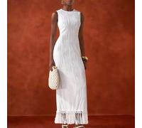 2025 Sommer Neue Lässige Urlaubs Elegante Rundhals Ärmellos Slim Fit Weiße Textur Gestrickt Splicing Quasten Saum Frauen Midi Kleid, Pendler, Meer, Ur