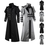 2025 Steampunk Mantel Herren, Lange Gothic Jacke Herren mit Reißverschlüsse Gehrock Stehkragen Mäntel Mittellang Kostüm Langarm Renaissance Smoking Uniform für Karneval Kostüm Faschingskostüme Cosplay