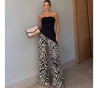 2026 Damen Frühling/Sommer Neu Trägerloses asymmetrisches Saum Strick-Figurbetonntes Top und lockere Zebra-Streifen Taschenhose mit dekorativem Seil,