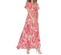 2026 Damen Kleider Swing Langes Kleid Chiffon Blumen Kurzarm Rüschen V-Ausschnitt Mode Taille Fließendes Kleid Kleider (Red M)