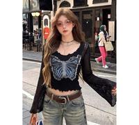 2026 Damen Schmetterling Applikation Transparentes Mesh Strick Top, Weich Skurrile Goth Revival Essentiell, Streetstyle Langarm Mesh Glockenärmel Figu