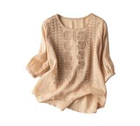 2026 Damen-T-Shirt im Boho-Stil, locker Bestickt, Leinen-Baumwolle, Stil, (Khaki, XXXL/6)