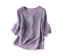 2026 Damen-T-Shirt im Boho-Stil, locker Bestickt, Leinen-Baumwolle, Stil, (Purple, 3XL/6)
