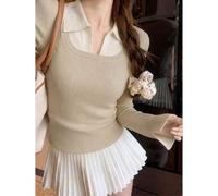 2026 Farbblock Polokragen Stricktop, gerippte Textur figurbetonter Langarm Pullover, schlankmachend lässig Herbst