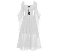 2026 Frauen Halloween Mesh Spitze Big Swing Kleid Einfarbig Langes Kleid Solide Wein Party Kleid (White, XL)