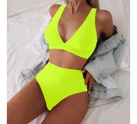 2026 Frühjahr/Sommer Limette Grün Tiefer V-Ausschnitt Einfarbig Sexy Urlaub Hoher Beinausschnitt Bikini Badeanzug 2-teiliges Set für Frauen