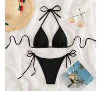 2026 Frühjahr/Sommer Schwarzer Spezialer Stoff Damen Badeanzug, Spaghetti-Träger Neckholder einfarbig Sexy Seitenbindung String Bikini Zweiteiliger Ba
