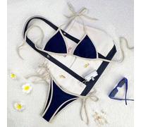 2026 Frühling/Sommer Damen Badeanzug, Spaghettiträger Neckholder Blau & Weiß Farbblock Sexy Urlaubs-Seitenbinde-Tanga-Bikini-Set