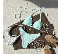 2026 Frühling/Sommer Damen Spaghetti-Träger Neckholder Spezialstoff Hellblau Süßer Urlaubs Hoher Beinausschnitt Bikini Zweiteiliger Badeanzug