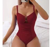 2026 Frühling/Sommer Damen verstellbarer Metall U-förmiger Dekor Burgund eleganter taillierter geraffter Einteiler Bikini Badeanzug