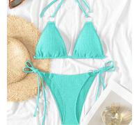 2026 Frühling/Sommer Minzblau Bikini-Zweiteiler mit Spaghettiträgern, Neckholder, kreisförmigem Ornament, seitlicher Bindung, hoch geschnittenem Strin