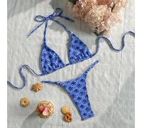 2026 Frühling/Sommer Neckholder Binden-Bikini Badeanzug Set für Frauen, Blau gemusterter Bikini 2-teiliges Set, Boho Push-Up Bademode für Frauen Urlau