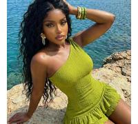 2026 Frühling/Sommer Neuankömmling Lässige Resort Mode Slim Fit Grün Einschultrig Geknoteter Mehrlagiger Volant Strukturiertes Material Damen Jumpsuit