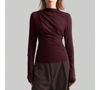 2026 Frühling/Sommer Neue Damen Plissee Design Stehkragen Langarm Basic T-Shirt, urbaner Pendler Business Party elegante weinrote Bluse, geeignet für