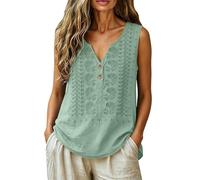 2026 Leinenbluse Damen Sommer Elegant Ärmellose Tanktop Baumwolle Leinen Stickerei Bluse Locker Lässig Henley Hemdbluse V Ausschnitt Einfarbig Freizeitweste für Frauen Loose Basic Leinenweste