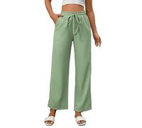 2026 Leinenhose Damen Sommer Langarm Leicht Hosen Baumwolle Leinen Stoffhose Kordelzug Stretch Freizeithose Frauen Elegant Einfarbig Hose und Taschen Weite Bein Strandhose Bequem Casual Sommerhosen