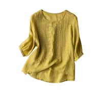 2026 Neu Damen-T-Shirt im Boho-Stil, locker Bestickt, Leinen-Baumwolle, Stil, (Yellow, XXXL)