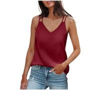 2026 Neu Sommer-Tanktops mit V-Ausschnitt für Damen, Seidensatin, ärmelloses Sommer-Unterhemd mit Trägern (Red, XXL)