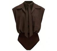 2026 Neuankömmling Damen gestreifter Kragen-Ärmellos Schleife Vorne Bluse Bodysuit Y2K Ästhetik Business Lässig Büro Tragen Slim Fit Braun Ein-Stück-O