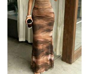 2026 Neuankömmling Damen Midi-Rock Y2K Ästhetik Hohe Taille Transparenter Mesh Maxi-Rock Farbverlauf Batikdruck Slim Fit Meerjungfrau Saum Langer Rock