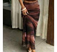 2026 Neuankömmling Damen Rock Y2K Ästhetik Hoher Bund Transparentes Mesh Maxi Rock Farbverlauf Batik Muster Slim Fit Bodycon Meerjungfrau Saum Langer
