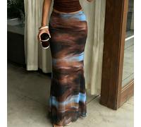 2026 Neuankömmling Damen Y2K Ästhetik Hochbund transparenter Mesh Maxi Rock Farbverlauf Batik Muster Slim Fit Meerjungfrau Saum Langer Rock Elegant Ch